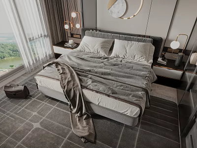 Modern Double Bed With Gray Blanket Pillows Bedside Lamps And Window View 3d model