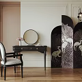 Elegant Dressing Table With Round Mirror Chair And Crane Pattern Room Divider 3d model