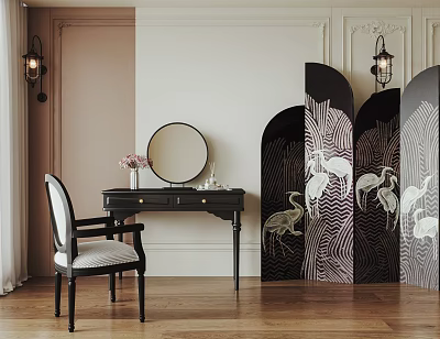 Elegant Dressing Table With Round Mirror Chair And Crane Pattern Room Divider 3d model