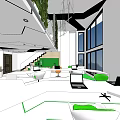 Modern Public Office Space Interior With Open Layout Green Plants Laptops And Workstations 3d model