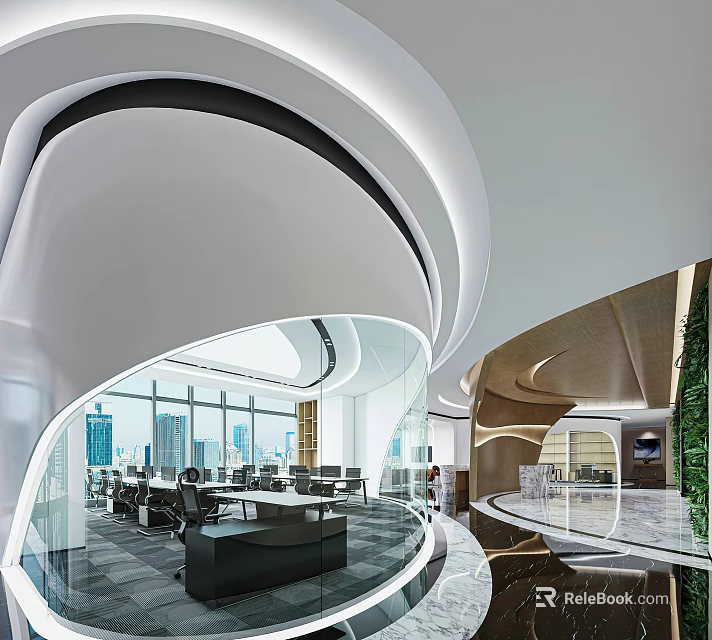 Modern Public Office Space With Curved Ceiling Large Windows City View Glass Partitions And Greenery 3d model 