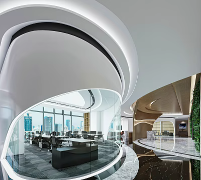 Modern Public Office Space With Curved Ceiling Large Windows City View Glass Partitions And Greenery 3d model