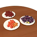 Fresh Fruits Red Cherries Purple Grapes And Tomatoes On White Plates Over Wooden Table
