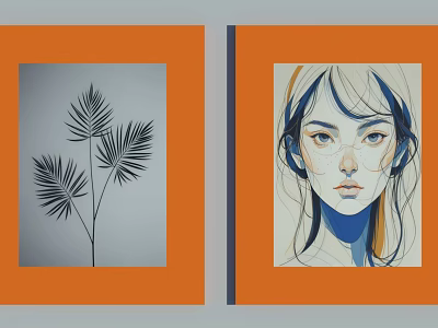 Modern Abstract Paintings With Palm Leaves And Portrait In Orange Frames 3d model
