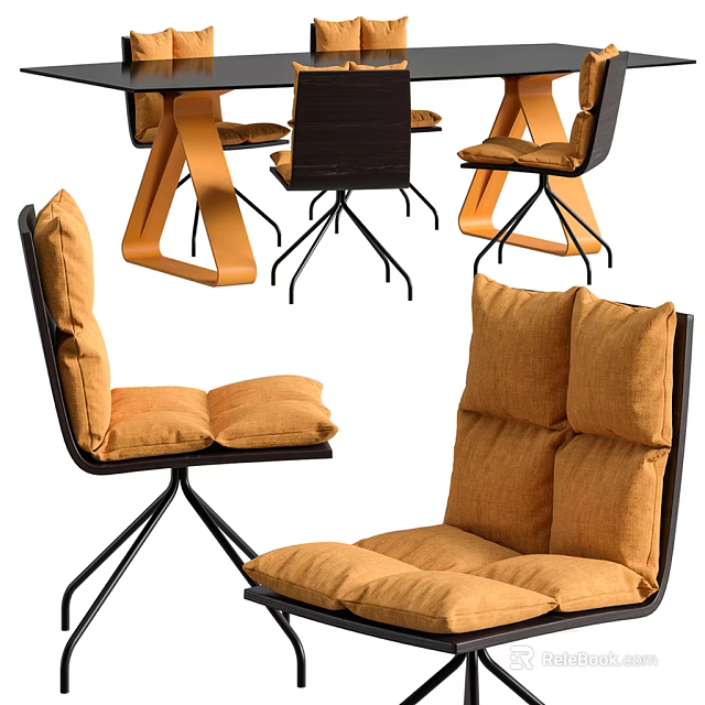 Modern Table and Chair Set With Orange Cushions And Black Geometric Frame Design 3d model 
