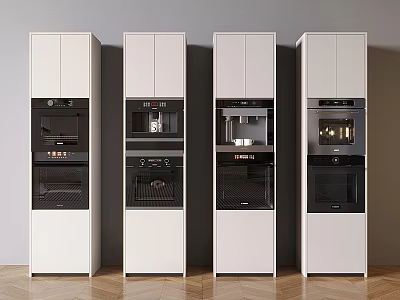 Neatly Arranged Kitchen Appliances In White Tall Cabinets With Oven And Coffee Maker 3d model