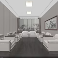 Spacious Modern Reception Area With White Leather Sofas Dark Wooden Flooring And Landscape Painting