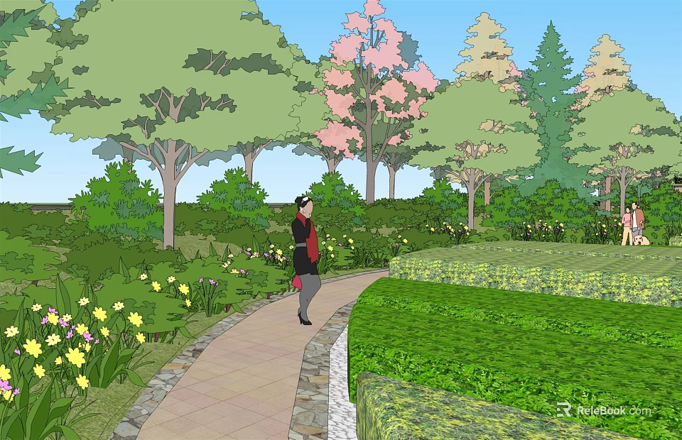 Scenic Park Landscape With Winding Path Colorful Trees And Lush Greenery 3d model 