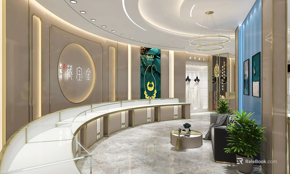 Luxury Modern Jewelry Store Interior With Curved Glass Display Counters Chandelier And Green Plants 3d model 