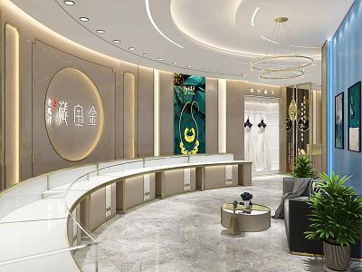 Luxury Modern Jewelry Store Interior With Curved Glass Display Counters Chandelier And Green Plants 3d model