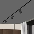 Track Spotlights Ceiling Mounted in Modern Interior with Wooden Cabinets and Window Curtains