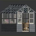 Small Garden Greenhouse Interior With Wooden Frame Glass Roof Open Door And Furniture