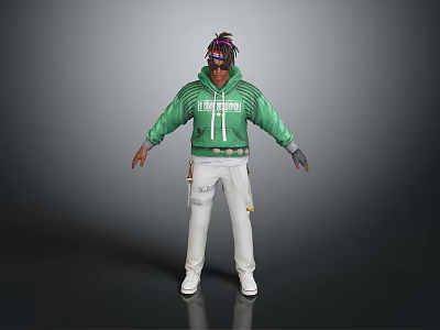 Colorful Haired Character Figure In Green Hoodie White Pants And Sunglasses Standing 3d model