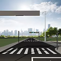 Urban City Skyline With Modern Buildings Road Zebra Crossing Street Lights And Green Grass