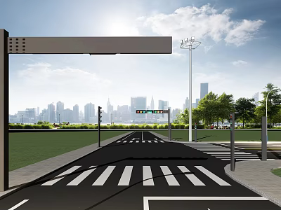 Urban City Skyline With Modern Buildings Road Zebra Crossing Street Lights And Green Grass 3d model