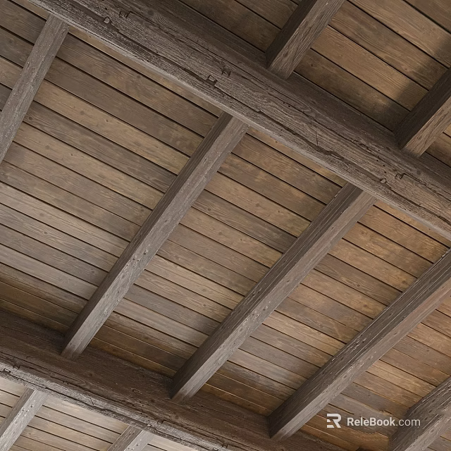 Rustic Natural Wooden Ceiling Interior Design With Exposed Beams And Planks 3d model 