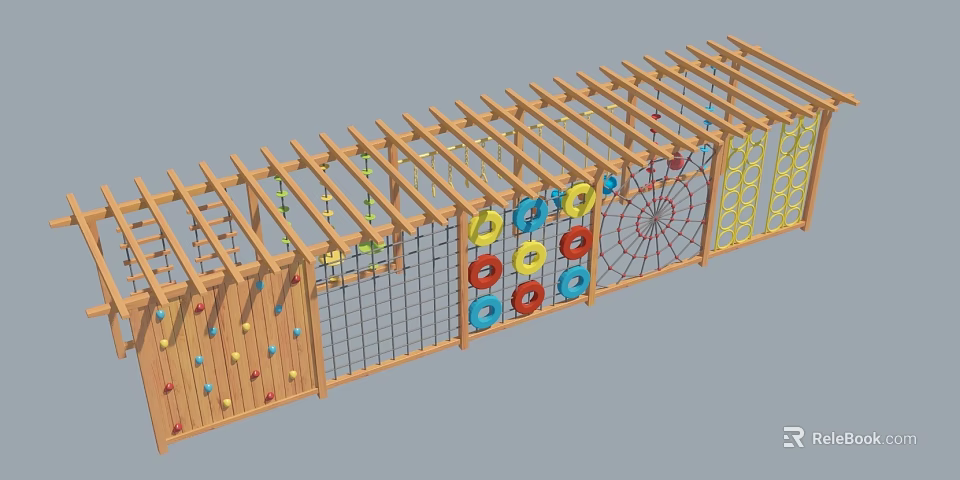 Wooden Playground Climbing Wall Equipment with Colorful Rings Netting Ropes and Climbing Holds 3d model 
