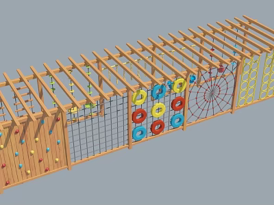 Wooden Playground Climbing Wall Equipment with Colorful Rings Netting Ropes and Climbing Holds 3d model