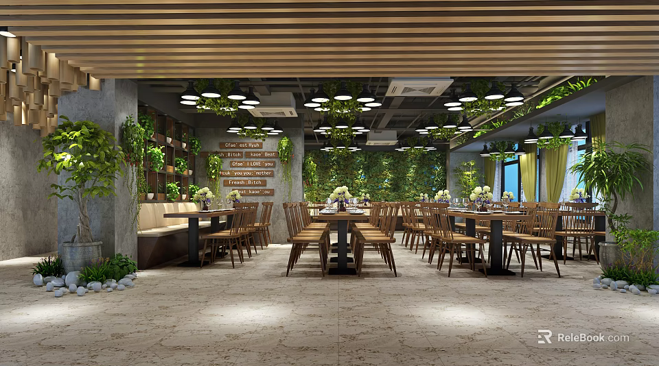 Natural Restaurant Interior Design With Wooden Strip Ceiling Green Plant Wall And Dining Tables Chairs 3d model 