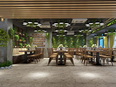 Natural Restaurant Interior Design With Wooden Strip Ceiling Green Plant Wall And Dining Tables Chairs 3d model