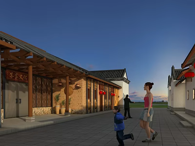 Traditional Ancient Architecture With Classic Eaves Red Lanterns Stone Path And People 3d model