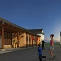 Traditional Ancient Architecture With Classic Eaves Red Lanterns Stone Path And People