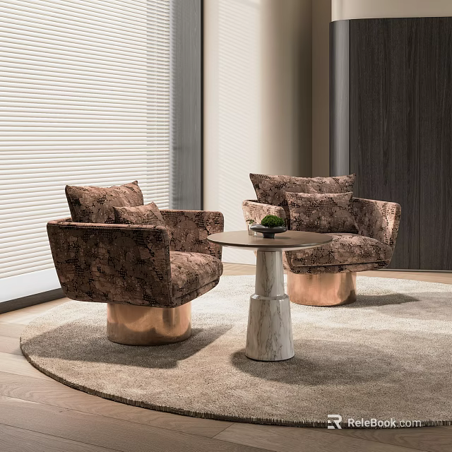 Modern Brown Patterned Accent Chairs With Copper Bases And Small Marble Table On Rug 3d model