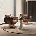 Modern Brown Patterned Accent Chairs With Copper Bases And Small Marble Table On Rug 3d model