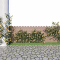 Yellow Flowers and Vines on White Pillar Along Fence with Stone Pavement and Lawn