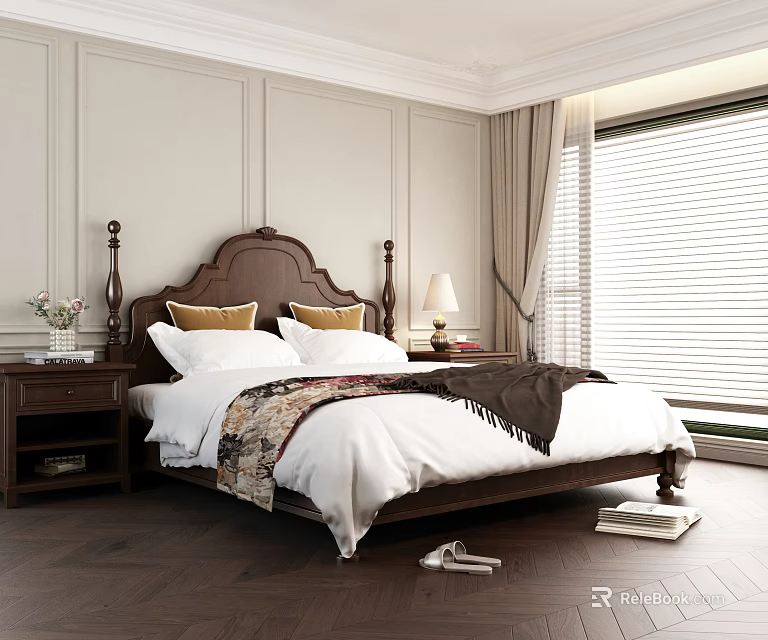Traditional Double Bed with Wooden Headboard White Bedding Yellow Pillows Nightstand Lamp and Window Blinds 3d model 