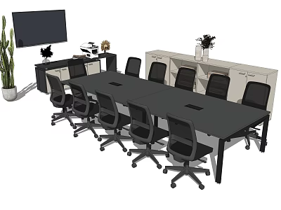 Black Conference Table With Multiple Office Chairs Monitor And Filing Cabinets In Modern Office 3d model