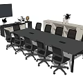 Black Conference Table With Multiple Office Chairs Monitor And Filing Cabinets In Modern Office