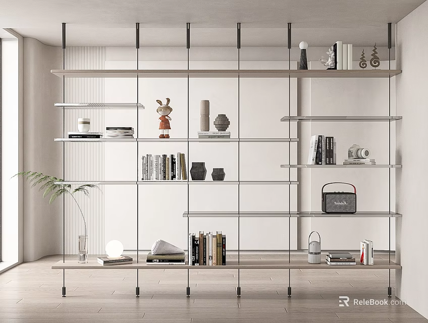Modern Open Bookshelf Design With Metal Frame Wooden Shelves And Decorative Items 3d model 