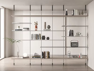 Modern Open Bookshelf Design With Metal Frame Wooden Shelves And Decorative Items 3d model
