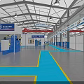 Industrial Factory Interior With Red Overhead Cranes Blue Floor Markings Equipment And Signage