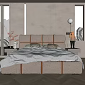 Modern Double Bed With Leather Headboard Gray White Bedding And Bedside Tables 3d model
