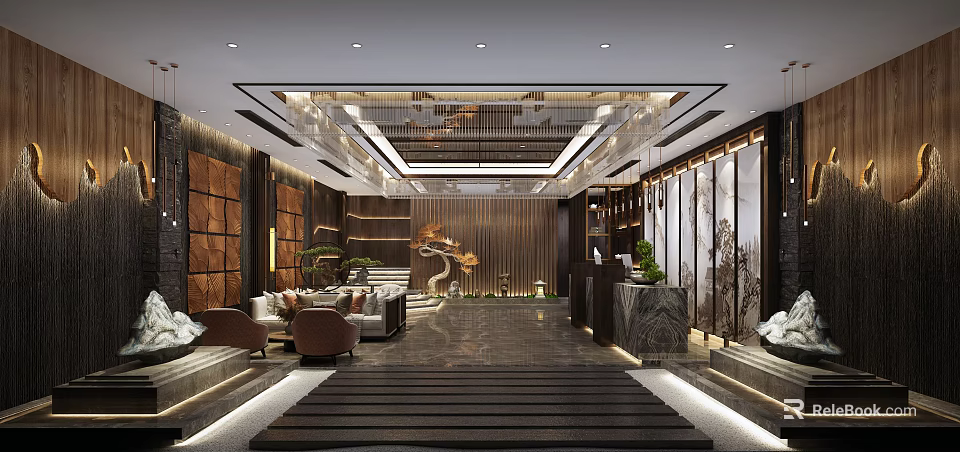 Shop Front Desk With Elegant Modern Design Marble Counter Luxurious Lighting And Green Plants 3d model 
