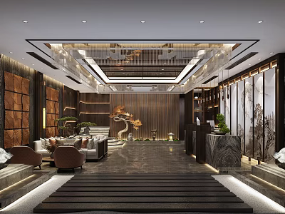 Shop Front Desk With Elegant Modern Design Marble Counter Luxurious Lighting And Green Plants 3d model