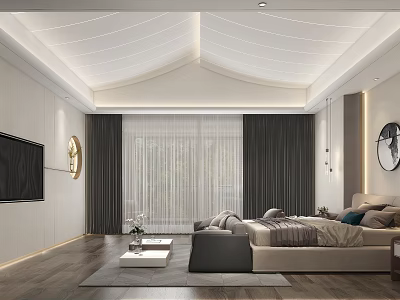 Modern Bedroom Interior Design With TV Round Mirrors Gray Curtains Large Bed And Wooden Floor 3d model