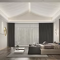 Modern Bedroom Interior Design With TV Round Mirrors Gray Curtains Large Bed And Wooden Floor