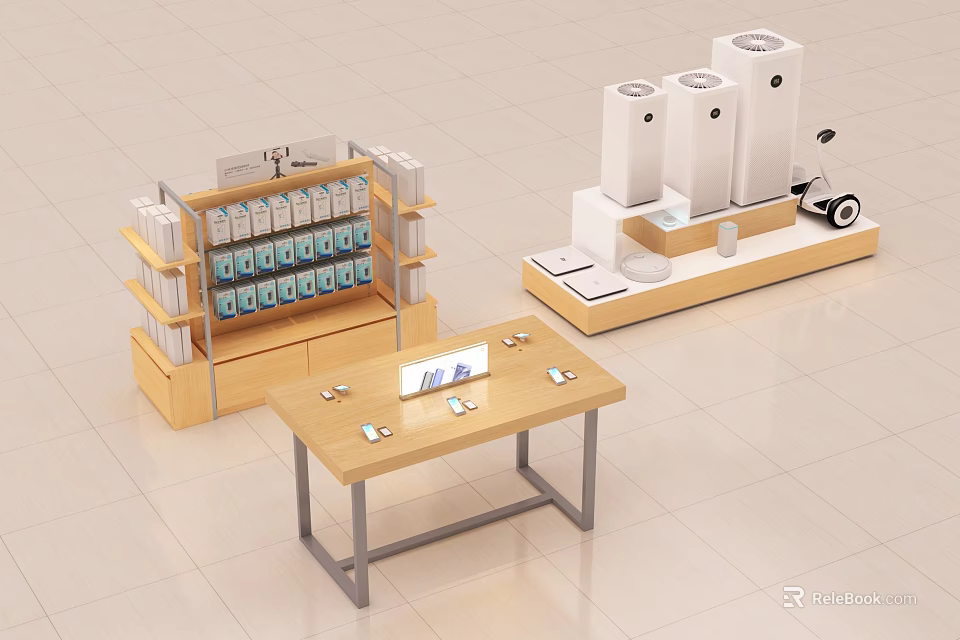 Modern Retail Display Shelves With Multi Tiered Racks And Tabletop Product Showcases 3d model 