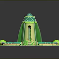 Green And Beige Tower With Circular Pathway Metal Stairs And Red Entrance