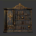 Ornate Antique Bookcase With Black Finish Golden Carvings And Shelved Books