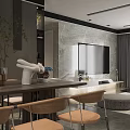 Modern Living and Dining Room Interior With Black Sofa Gray Ottoman And Strip Wall Lamps