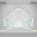Buddhist Exhibition Hall with Red Walls Golden Arch Murals Buddha Statues Central Main Buddha Statue