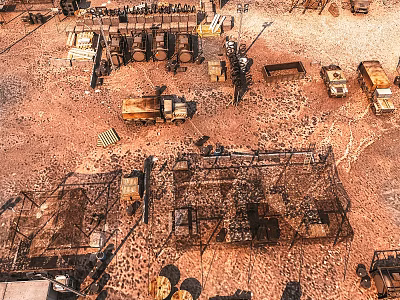 Abandoned Junkyard Scene With Old Barrels Metal Structures And Vehicles On Dry Ground 3d model