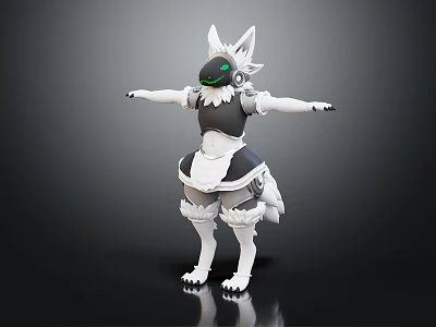 3D Anthropomorphic Wolf Character With White Ears Black Head Green Eyes Maid Outfit Tail Paws 3d model