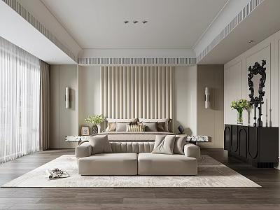 Modern Bedroom With Upholstered Bed Beige Sofa Wooden Floor Soft Curtains Decorative Mirror And Vase 3d model