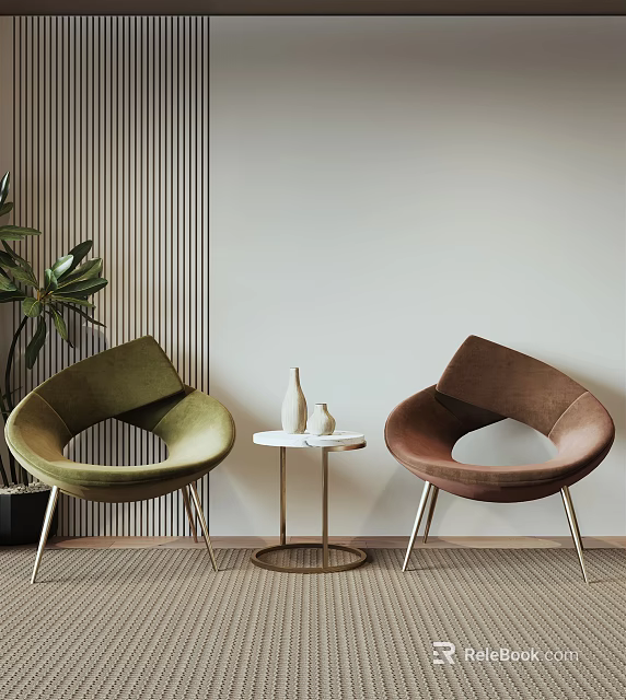 Modern Green Brown Velvet Chairs With Metal Legs And Round Side Table 3d model 