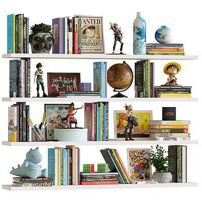 Decorative Ornament Figurine Collection On Bookshelves With Stacked Books Globe And Potted Plants 3d model